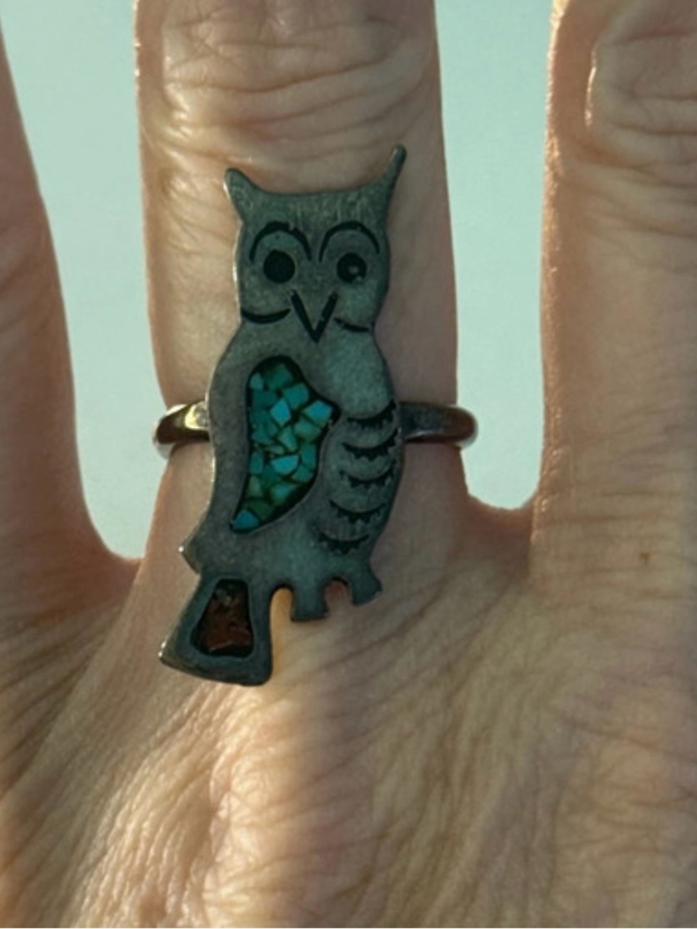 Source Unknown Silver Owl Ring with Turquoise and Brown Inlay